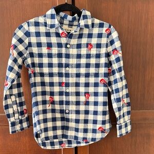 Mini Boden Navy and White Check Button-Down with Red Guitar Accents